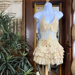 Coachella Festival Lace Set Cream Ruffle Mini Skirt Halter Top Belly Chain S-L